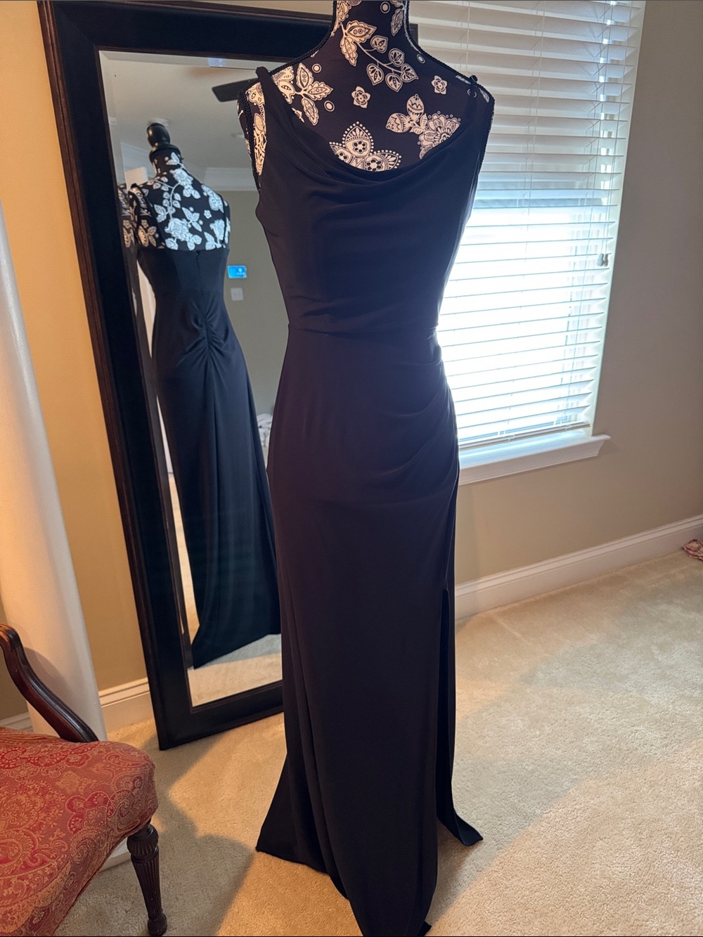 David’s Bridal DB Studio black Maxi Dress slight asymmetrical Cowl Neck Size 2